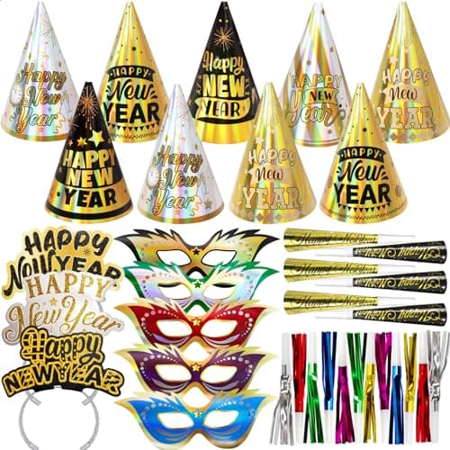 New Years Eve Party Supplies for 25 Guests 2025 Gold Silver Happy New Year Party Kits NYE Hats Glitter Tiaras Decorations Noise Makers Paper Masks Party Favors