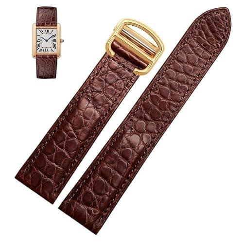 LEEKONEN Leather Watch Strap For Cartier TANk SOLO RONDE London Kalibo Watch Chain with Folding Buckle(Brown-gold A,16mm-width)