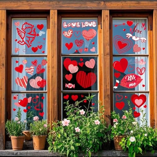 Valentines Day Window Clings Decor, Valentines Day Decorations, Red Heart Stickers for Home, Office, Classroom, Romantic Cupid Decals Décor, 9 Sheets