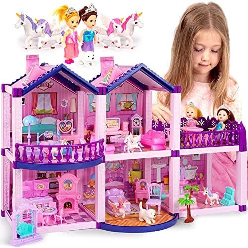 Dollhouse with 2 Princesses, 4 Unicorns, Dog, Furniture and Accessories - Pink and Purple Dream Doll House Toy for Little Girls - 5 Rooms w/Garden, Furniture and Accessories, Gift for Girls Ages 2-8