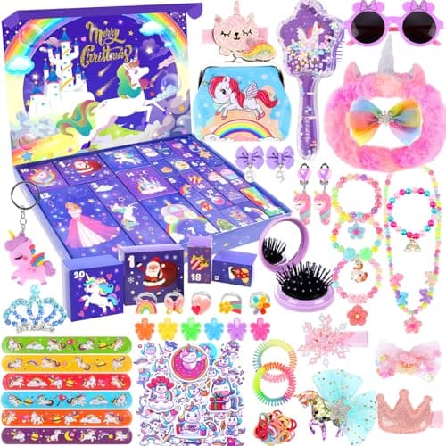 Advent Calendar 2025 Girls,24 Days Surprise Christmas Unicorn Gift Box Christmas Countdown Calendar, Including Hair Accessories, Jewelry, Glasses, Bracelets, Stickers,Coin Purse