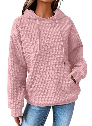 SHEWIN Womens Sweatshirt Casual Long Sleeve Drawstring Waffle Solid Hoodie Pullover Tops Loose Hooded Sweatshirts Trendy Hoodies for Women,US 8-10(M),Pink