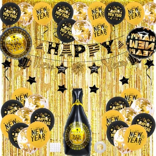Tangrove New Years Eve Party Supplies 2026 – Black & Gold Happy New Year Decorations Set with Banner, Balloons, Paper Garland, Fringe Curtain, Glue Dots & Ribbon