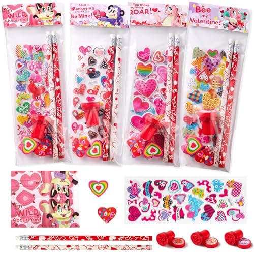 JOYIN 28 Pack Valentines Day Stationery Kids Gift Set for School Classmates Exchange, Party Favor, Includes Pencils, Erasers, Stamper, Stickers