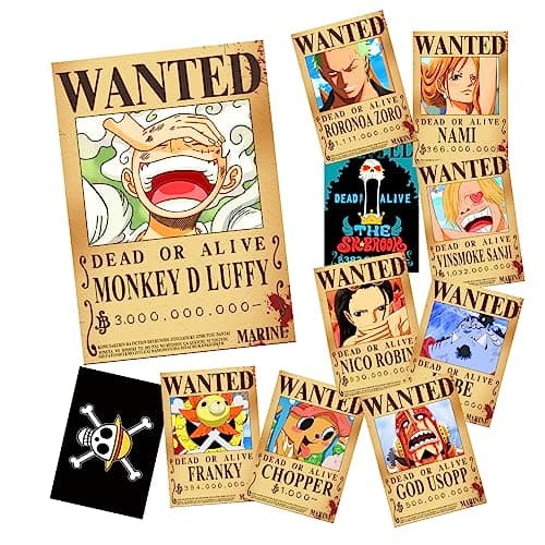 FIDRTH 11 PCS Anime [OP] Wanted Bounty Posters 11×15 IN, Nika Luffy 3 billion Updated Bounty Edition, 10 Straw Hat Pirates Crew Zoro, Sanji, 1 PC [OP] Flag
