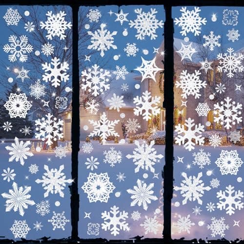 DADILL Christmas Window Clings, 93Pcs Glitter Snowflakes Christmas Decorations for Glass Windows, Bling Silver Snow Decal for Indoor Outside Shop Party Office Decor New Year White Christmas Stickers