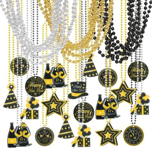 ZEELONA 24 PCS Happy New Year Beads Necklaces Black Silver and Gold Bead Necklaces for Women Men New Year Party Decorations New Year Eve Accessories