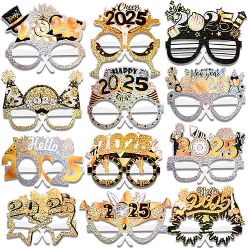 HOWAF 24 Pieces Happy New Year Party Supplies Glitter Glasses, Black Gold Silver 2025 New Year's Eve Party Favors Photo Booth Props Eyeglasses Frame for 24 Pieces NYE Party Favors Decorations