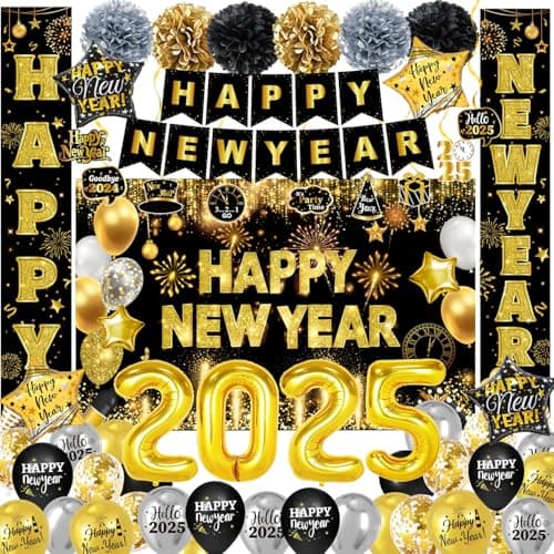 New Years Decorations 2025 - New Years Eve Party Supplies Include Banner, Backdrop, Hanging Swirls, Porch Sign, Paper Pompoms, Balloons, Foil Number 2025 for Happy New year Decorations