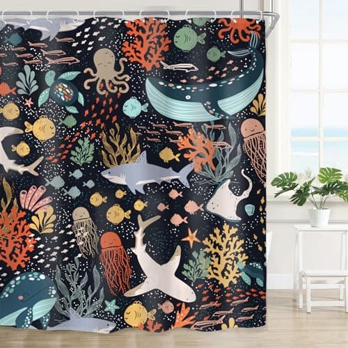 Riyidecor Kids Shark Fish Shower Curtain for Bathroom Decor 60Wx72H Coastal Nautical Sea Ocean Whale Funny Cartoon Underwater Turtle Art Printed Fabric Polyester Waterproof 12 Pack Plastic Hooks