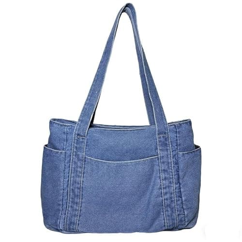 Casual Denim Tote Bag, Multi Pocket purse for Women,Canvas Handbag, Light Blue