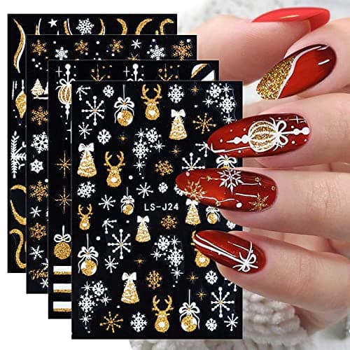 8 Sheets Glitter Christmas Nail Art Stickers Decals Self-Adhesive Holiday Gold Snowman Snowflake Winter Nail Supplies Nail Art Design Decoration Accessories