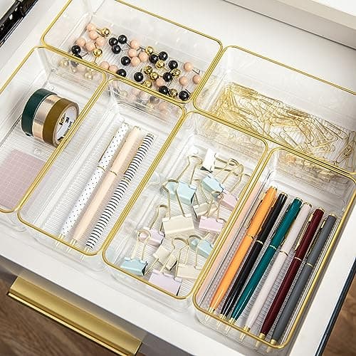 Martha Stewart Kerry Plastic Stackable Office Desk Drawer Organizers, 6" x 3", 6 Pack, with Gold Trim