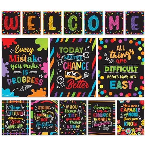 Decorably 15 Chalkboard Welcome Back to School Bulletin Board Decorations, Inspirational, Matte-Laminated Posters - for Classroom, School Hallways