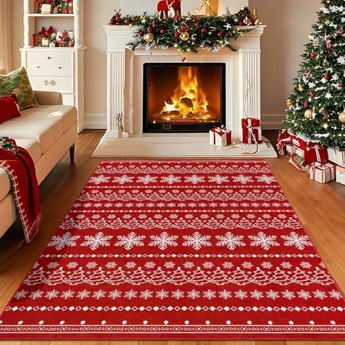 Bsmathom Christmas Area Rug 5x7 Living Room Red Holiday Rugs Indoor Washable Holiday Decor Mat Non Slip Hallway Entryway Soft Low Pile Bedroom Xmas Rug Red Carpet