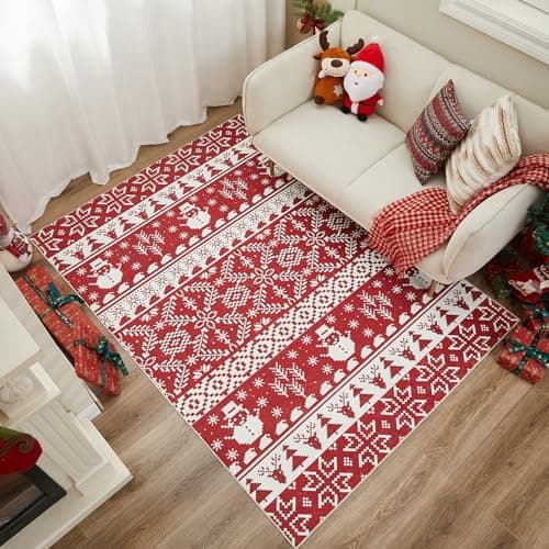 WITSHOCK Christmas Area Rugs for Living Room: 5x7 Stain Resistant Non-Slip Washable Red Snowflake Christmas Carpet, Soft Dining Room Bedroom Rugs, Indoor Decor for Home, Holiday
