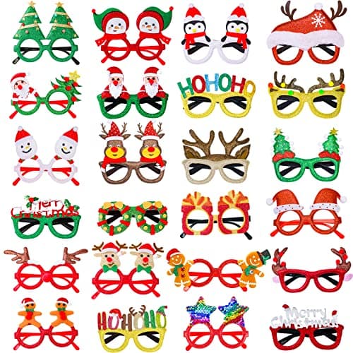 Thuodo 24Pcs Christmas Eyeglasses Glitter Party Decorations Glasses Frames, Costume Eyeglasses for Christmas Parties Holiday Favors Photo Booth Novelty Toy Glasses Cosplay (One Size Fits All)