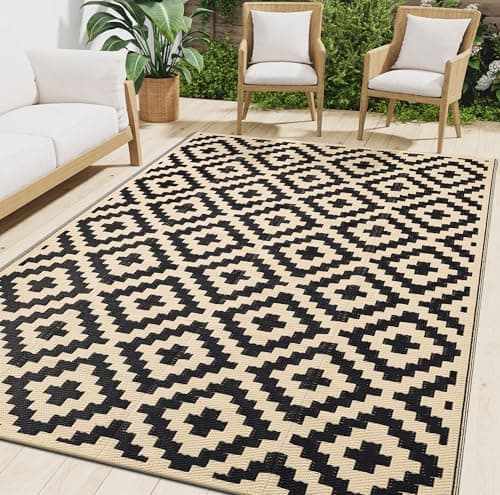 Smiry Waterproof Outdoor Rug 5x8 ft, Reversible Plastic Straw Patio Camping Rugs, Outdoor Indoor RV Mat Carpet for Patio, Outside Entry, Backyard, Deck, Bench, Picnic, Camper, Black & Beige