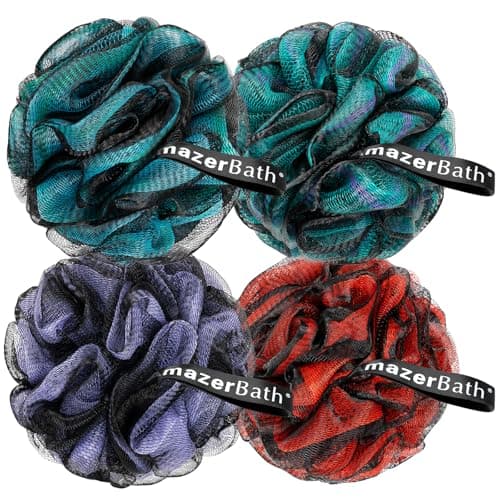 AmazerBath Charcoal Loofah Sponge, Shower Loofah 60g/PCS - Body Scrubber Loofa Set of 4 - Charcoal Blue, Green, Purple & Red, Bath Sponge for Men and Women