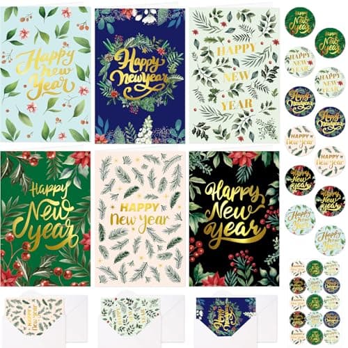 Treasure Cove New Year Cards 2025 Floral Happy New Year Greeting Cards with Envelopes Seasonal Gold Foil Cards for Holiday Party Supplies 12Pcs