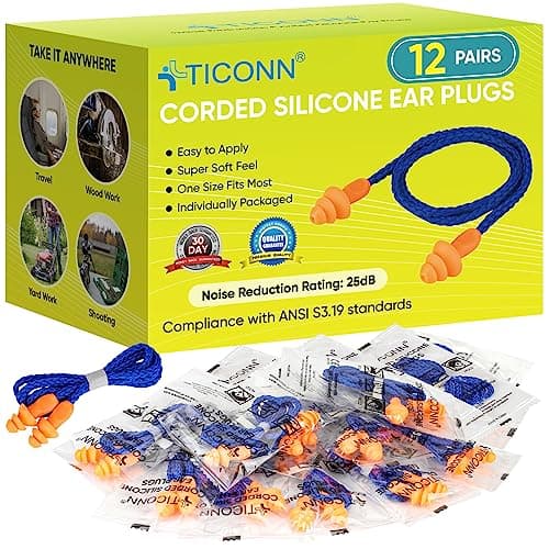 TICONN 12 Pairs Reusable Silicone Ear Plugs for Sleeping Noise Cancelling, 25dB NRR Corded Earplugs for Study Concentration Travel (12 Pairs)