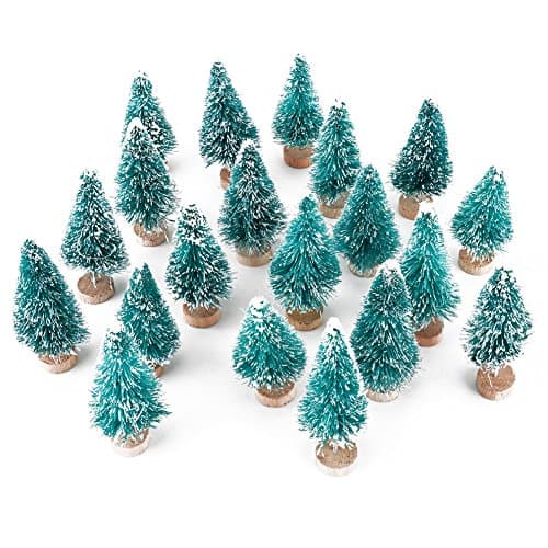 Artificial Mini Sisal Christmas Trees Snow Frost with Wooden Bases for Home Party Decoration Ornament DIY Craft (Blue-Green, 20 pcs)