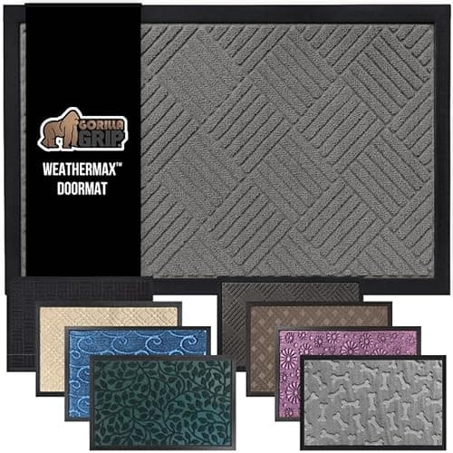 GORILLA GRIP 100% Waterproof All-Season WeatherMax Doormat US Designed Natural Rubber, Stain Fade Resistant, Low Profile Indoor Outdoor Door Mats, Easy Clean, 17x29 Gray Diamond