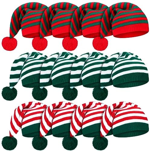 Ramede 12 Christmas Knitted Elf Hats Santa Hat for Adults Xmas Beanie Winter Hats with Pompom Bulk Crochet Caps for Women Men(Vivid Color,Stripe)