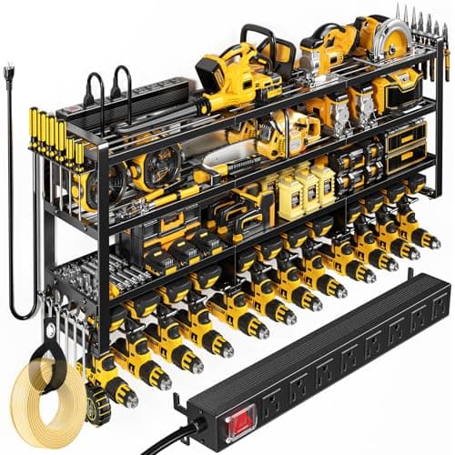 POKIPO 49.5" W Large Power Tool Organizer Wall Mount with Charging Station, 4 Tier Heavy Duty 12 Cordless Drills Holder Load 800 lb, Tool Battery Storage Rack Built in 8 Outlet Power Strip for Garage