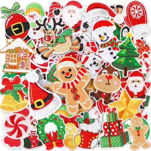 AUGSUN 60pcs Christmas Iron on Patches Random Assorted Styles Xmas Embroidered Sew Applique Repair Patch Santa Claus Christmas Tree Wreath Snowman Elk Angel Reindeer Candy Cane DIY Crafts for Clothing