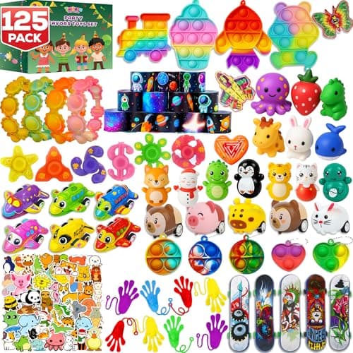 125 Pcs Party Favors Fidget Toys Pack, Randomly Selected Pop Sensory Set 65 Stickers Gifts for Kids Adults Boy Girl Stocking Stuffers Autistic Goodie Bag Filler Treasure Box Classroom Prizes School