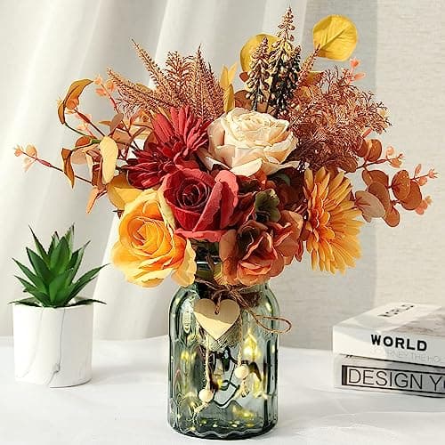 Artificial Flowers in Vase, Faux Flowers with Vase, Silk Fall Orange Rose Flower Arrangements with Copper Lights for Home Decor Indoor, Table Centerpiece Decor, Bathroom Room, Farmhouse