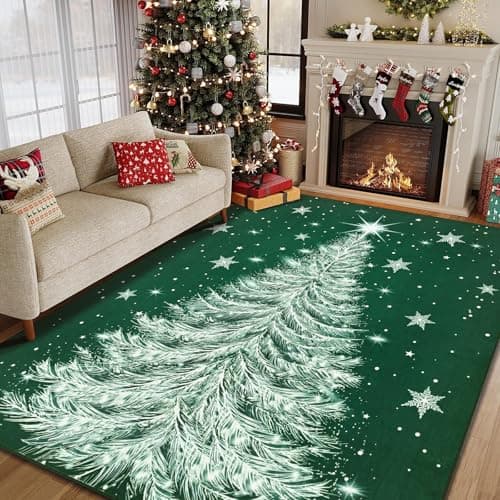 Yinhua Christmas Rug 5x7 Christmas Tree Living Room Rug Xmas Snowflake Washable Rugs Green Bedroom Rugs Non Slip Soft Faux Wool Low Pile Throw Carpet for Nursery, Dining Room, Office
