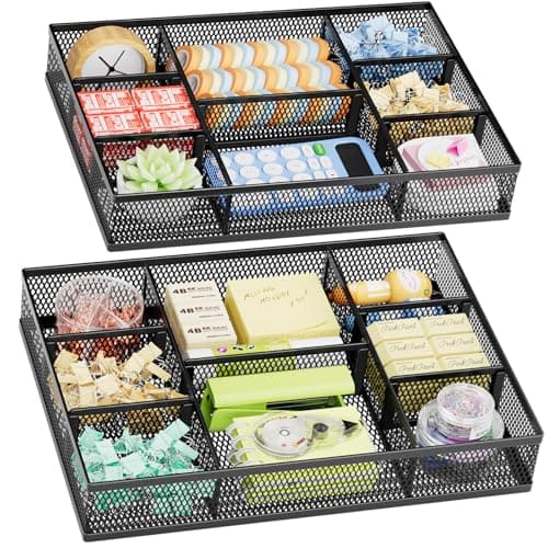 Marbrasse 2 Pack Desk Drawer Organizer, Mesh Drawer Organizer Tray with 8 Adjustable Compartments, Desk Organizers and Accessories, 5 Dividers Drawer for Office Supplies, Makeup & Vanity (Black)