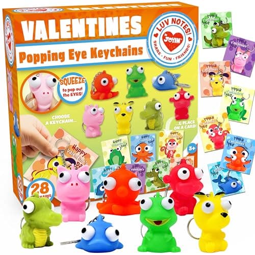 JOYIN 28 Packs Valentine's Day Gift Cards with Popping Eyes Animal Keychains for Kids Party Favor, Classroom Exchange Prizes, Valentine’s Greeting Cards