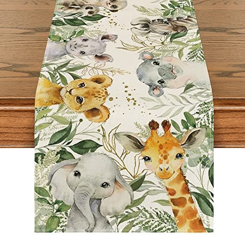 Artoid Mode Animals Elephant Giraffe BabyShower Table Runner, Seasonal Spring Summer Kitchen Dining Table for Home Party Decor 13x72 Inch