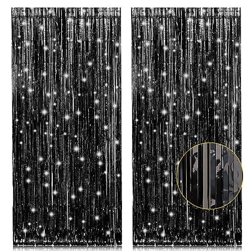 2 Pack 3.2ft x 8.2ft Black Tinsel Foil Fringe Curtains, Metallic Foil Tinsel Photo Booth Backdrop Streamer for New Years Decorations Halloween Bachelorette Birthday Holiday Celebration Party Supplies