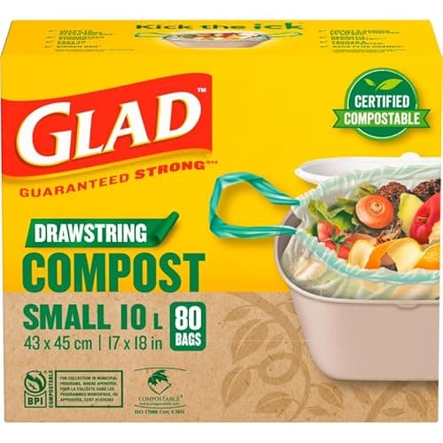 Glad Certified Compostable Drawstring Bags - Small 10 Litres - Drawstring, 80 Compost Trash Bags - Unscented