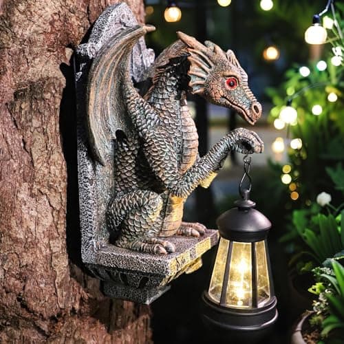 Dragon Statue Solar Lantern for Garden Décor, Dragons Figurine Night Light, 10”Outdoor Decorative Lamp, Mountable on Trees/Walls/Fences. Birthday/Housewarming Gifts for Dragon Fans (Antique Bronze)