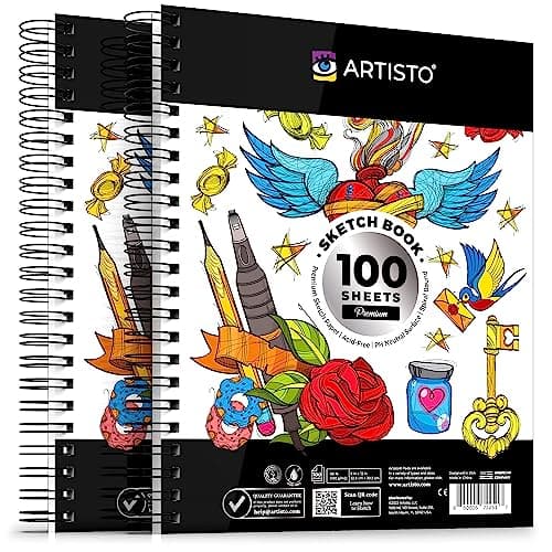 Artisto 9x12 Premium Sketch Book Set, Spiral Bound, Pack of 2, 200 Sheets (100g/m2), Acid-Free Drawing Paper, Ideal for Kids, Teens & Adults.