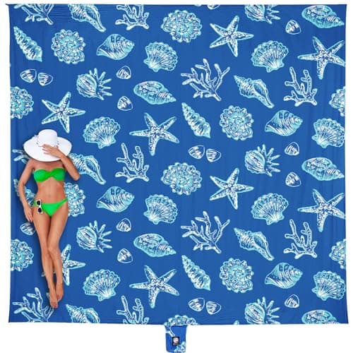 WEKAPO Beach Blanket Waterproof Sandproof Oversized, Extra Large Beach Mat Sand Free, Lightweight & Compact Sand Free Mat with 6 Stakes & 4 Corner Pockets (Blue Sea Shells, 8 x 7 FT (1～4 Person))