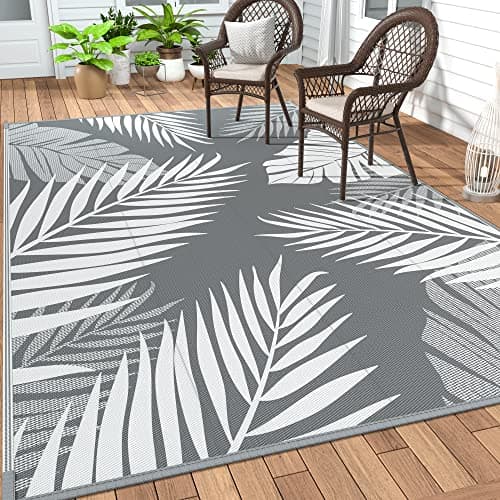 GENIMO Outdoor Rug 5' x 8' Waterproof for Patios Clearance, Reversible Plastic Straw Camping Carpet, Large Area Rugs Mats for RV, Picnic, Backyard, Deck, Balcony, Porch, Beach, Grey&White
