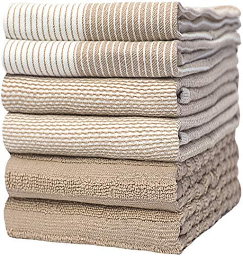 Premium Dish Towels (20”x 28”, 6 Pack) | Large Cotton Kitchen Hand Towels | | Flat & Terry Highly Absorbent Tea Towels Set with Hanging Loop | Tan