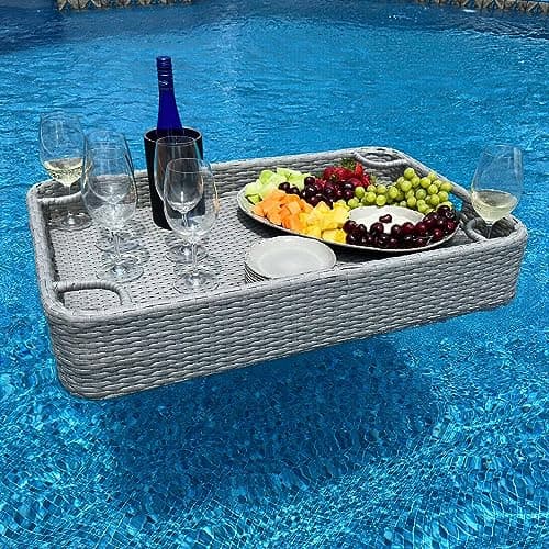 SUNJOY Wicker Floating Tray 36x24 in. Aluminum Frame Pool Accessory - Swimming Floating Serving Tray for Drinks, Snacks, and Essentials - Fits Most Pool Sizes - Perfect for Parties and Relaxing, Grey