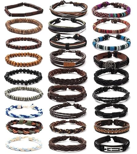 FIRAZIO 27Pcs Braided Leather Bracelets for Men Women Wrap Wood Beads Cuff Bracelet Hemp Cords Ethnic Tribal Handmade Wrap Wristband Bracelets Set Adjustable