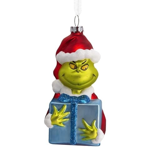 Hallmark Dr. Seuss's How The Grinch Stole Christmas! Grinch with Present Christmas Ornament, Blown Glass
