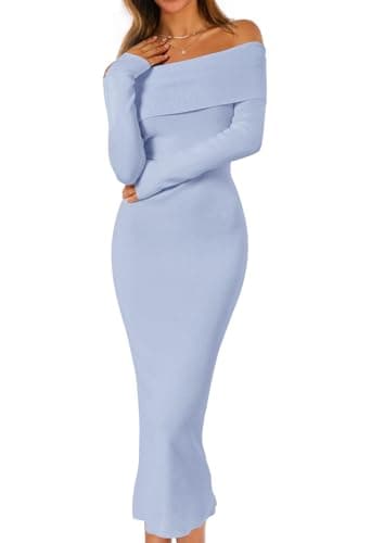 Best Blue Dresses for Women #2 from MEROKEETY MEROKEETY Women's Winter Off Shoulder Bodycon Sweater Dress 2025 Formal Long Sleeve Elegant Club Party Midi Dresses, Blue, Small