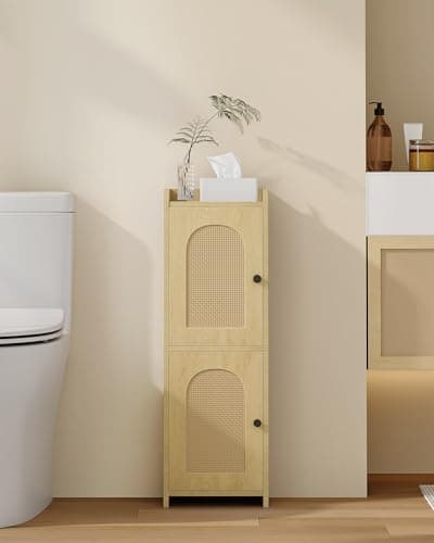 Best Bathroom Cabinets #2 from Hzuaneri Hzuaneri Small Bathroom Storage Cabinet, Rattan Narrow Bathroom Cabinet with Adjustable Shelves, Slim Toilet Paper Storage Cabinets with 2 Doors, for Living Room, Small Spaces, 9.8" W Yellow BC19902Y