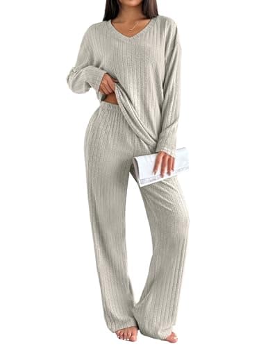 Best Soft Loungewear Sets for Home #5 from Ekouaer Ekouaer Lounge Sets for Women Long Sleeve Knit Ribbed Pajama Sets 2 Piece Casual Loungewear with Pockets Apricot