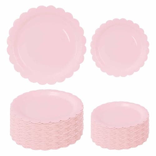 Best Pink Paper Plates #8 from FALIZIFU FALIZIFU 50 Pcs Light Pink Scalloped Paper Plates 25 × 7'' and 25 × 9'' Disposable Pink Scalloped Dinner Plates for Wedding Baby Shower Birthday Party Disposable Dessert Plate
